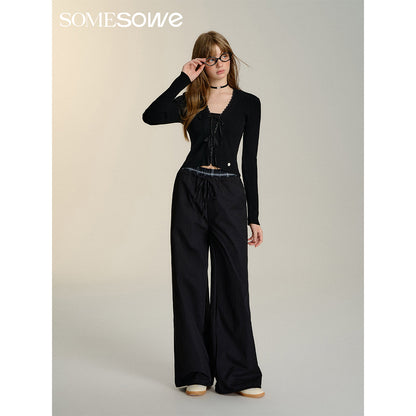 SomeSowe Double Waist Drawstring Wide-Leg Pants Black