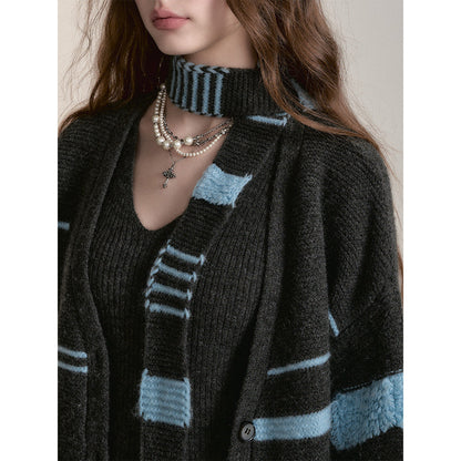 Via Pitti Color Blocked Striped V-Neck Knit Cardigan Dark Gray