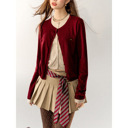 AsGony Contrast Color Fake-2-Piece Knit Cardigan Red