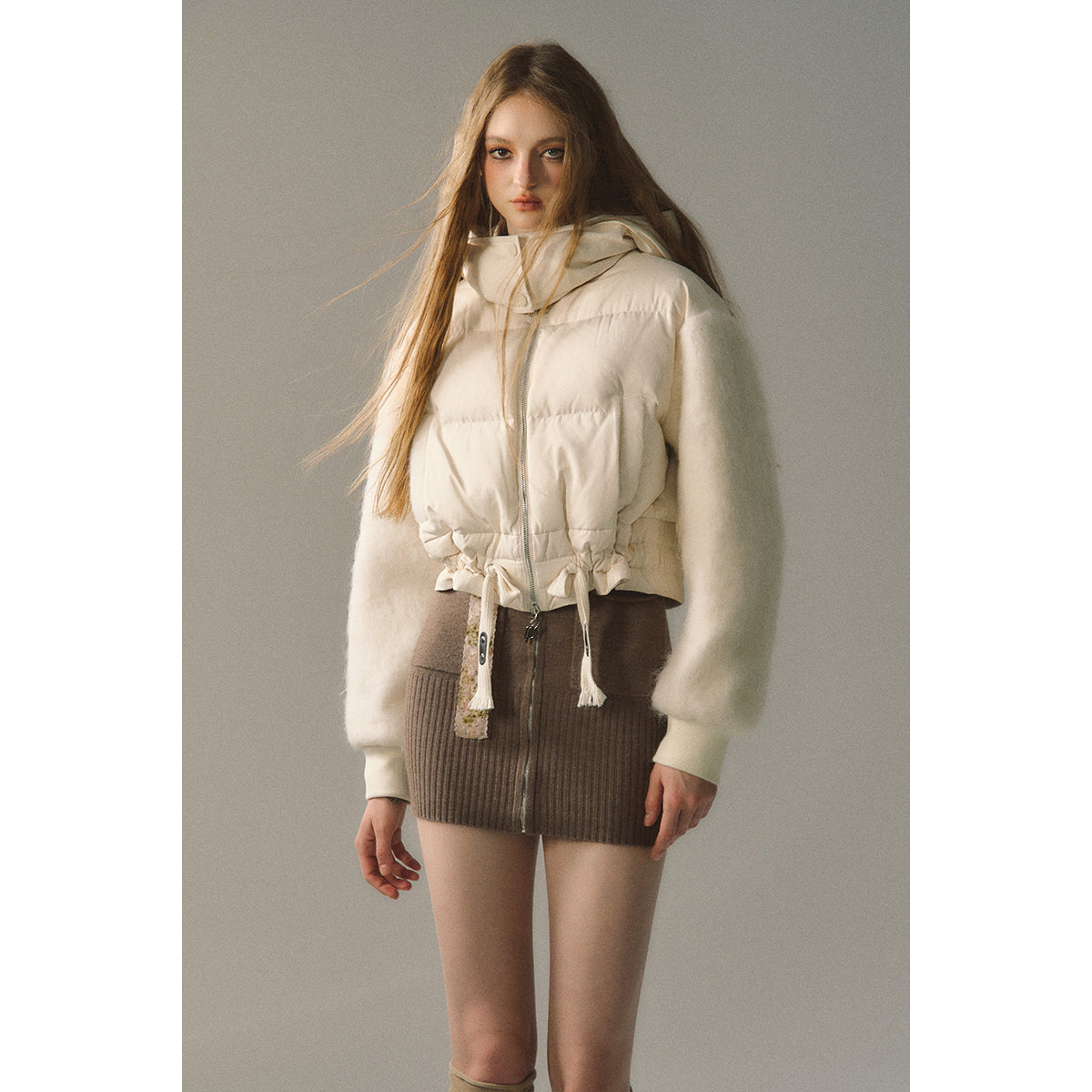 Via Pitti Drawstring Waist Fluffy Sleeve Down Jacket