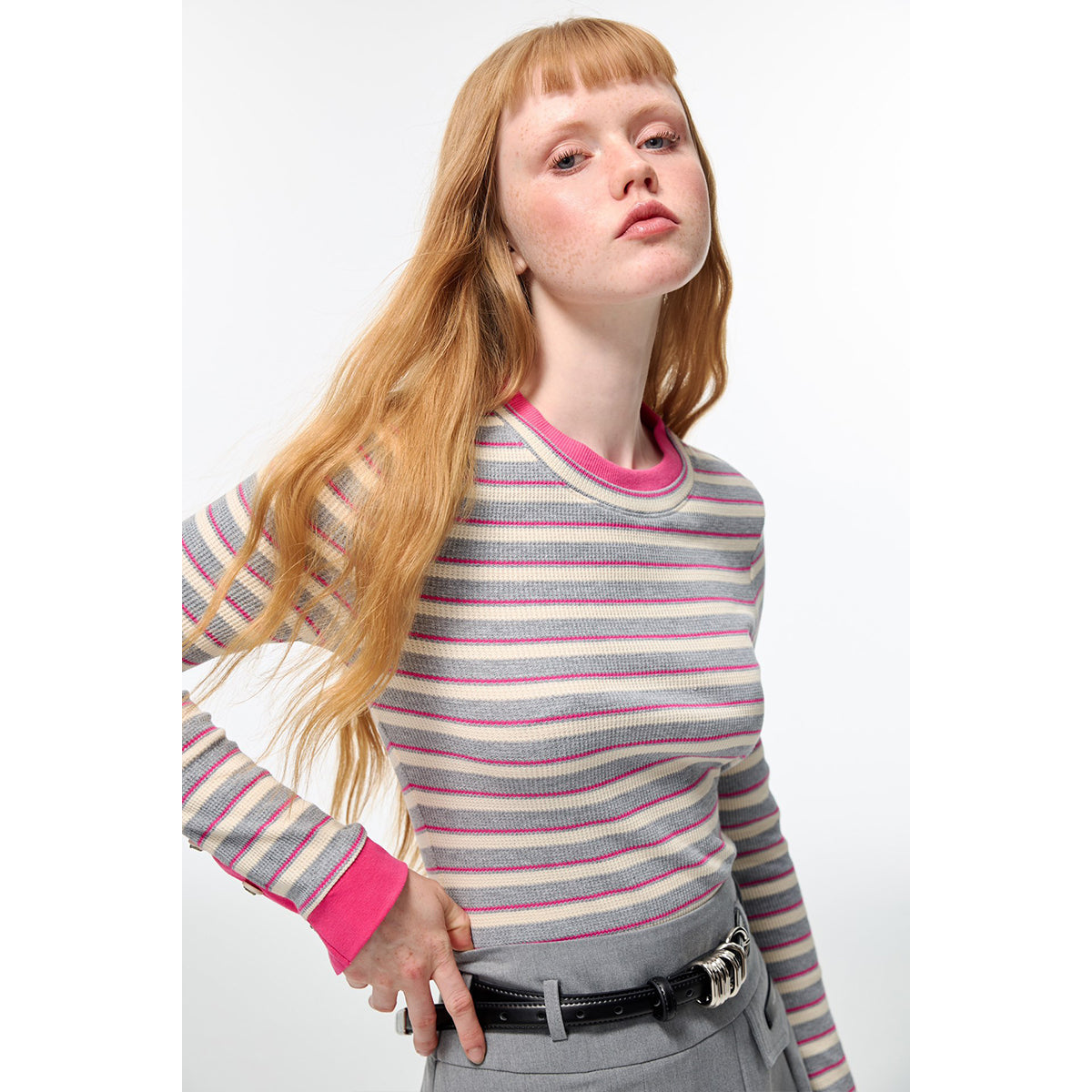 Alexia Sandra Striped Round Neck L/S Knit Top Grey/Pink