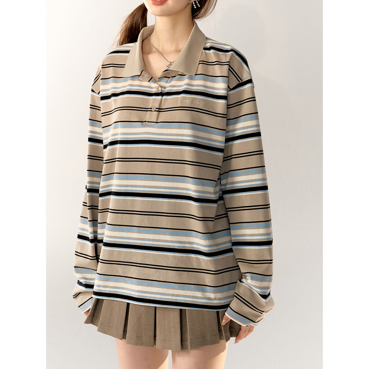 AsGony Striped Lapel Casual L/S T-Shirt Blue