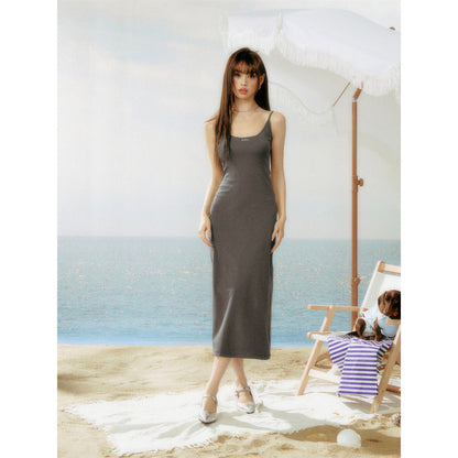 AsGony U-Neck Waisting Slim Fit Slit Long Dress Gray