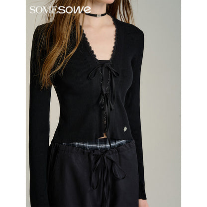 SomeSowe Bow Lace Up V-Neck Cardigan Black