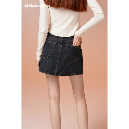 Wildshadow Teddy Bear Pocket Washed Denim Skirt