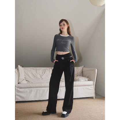 Three Quarters Logo Double Waist Straight-Leg Pants