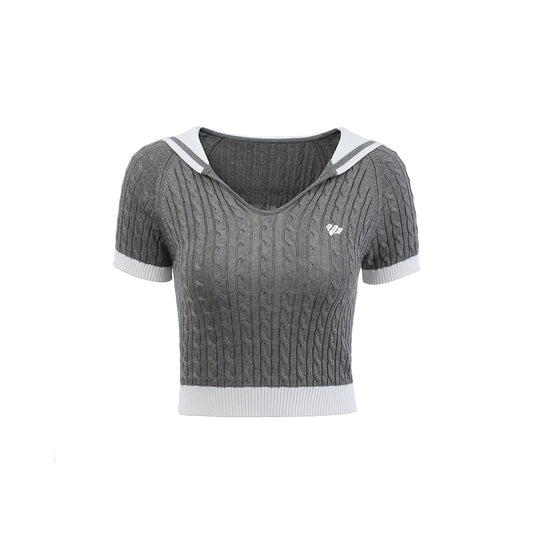 Via Pitti Embroidery Logo Sailor Collar Knit Crop Top Grey