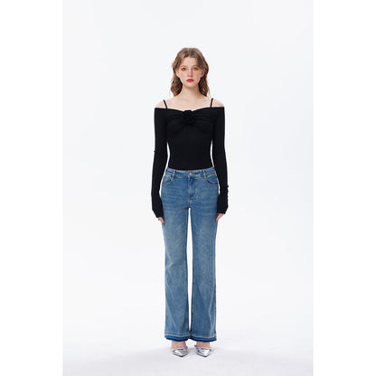 Three Quarters Plush Rose Slim Knit Sling Top Black