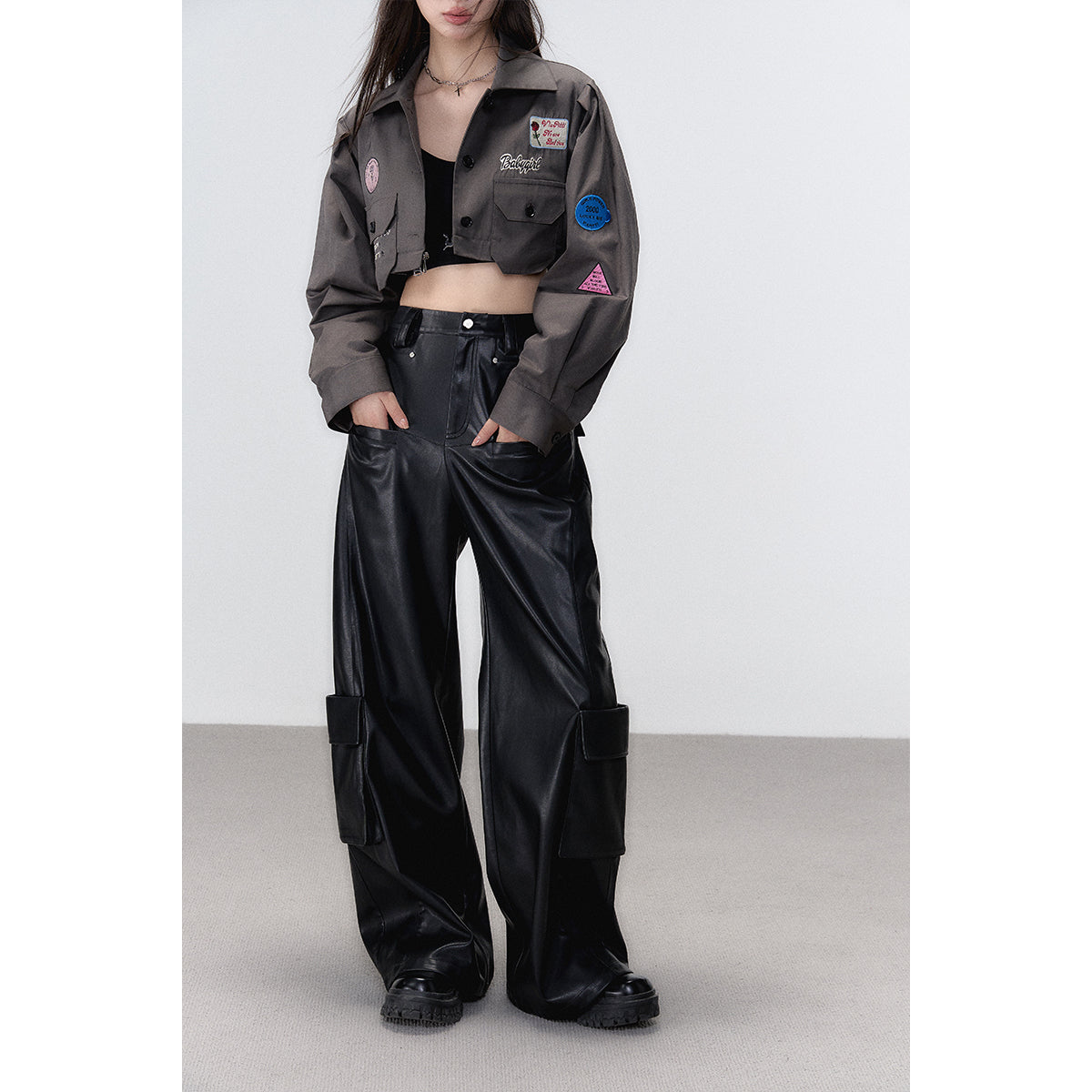 Via Pitti 3D Large Pocket Wide-Leg Leather Pants Black