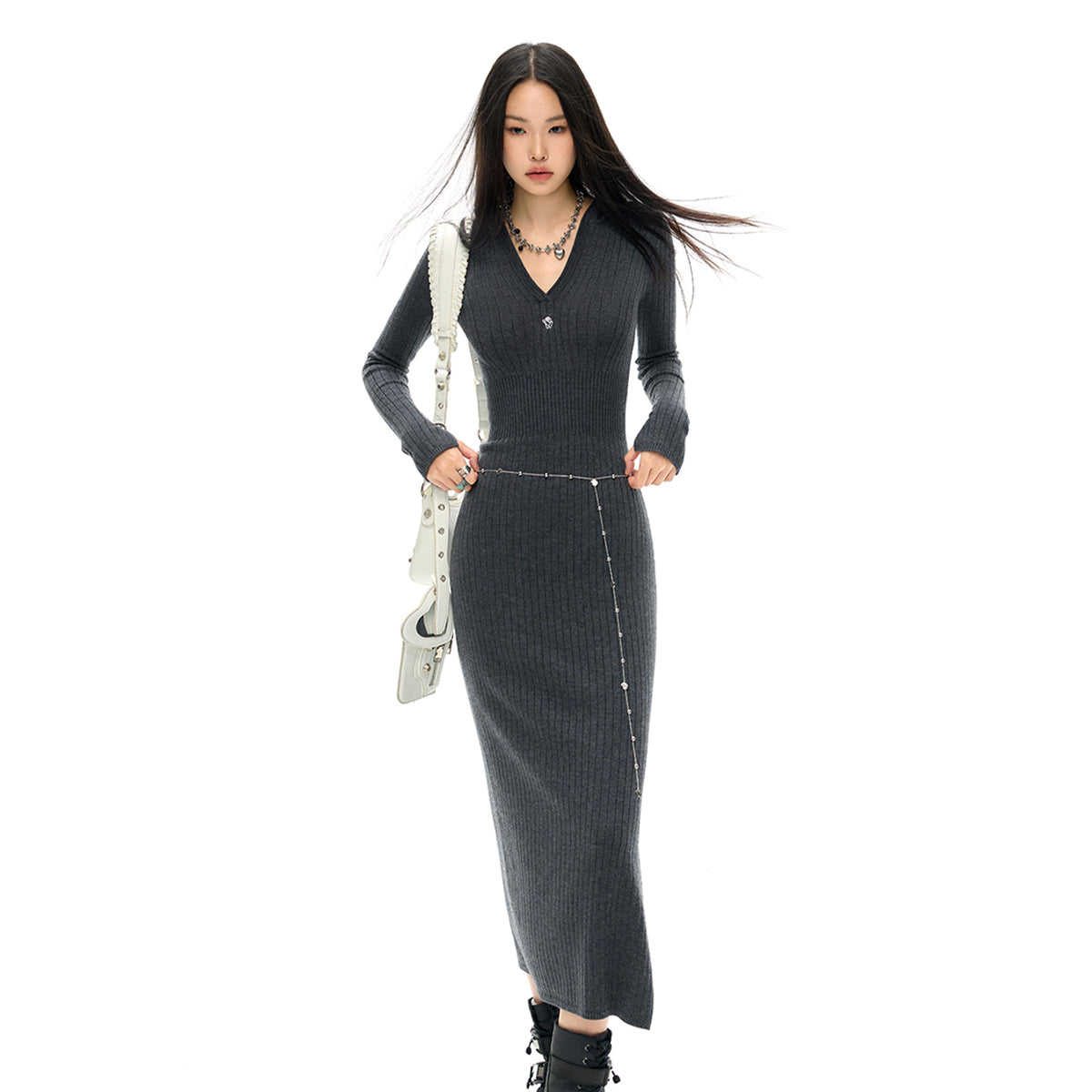 NotAwear Logo Embroidery Woolen Hooded Knit Dress Dark Grey