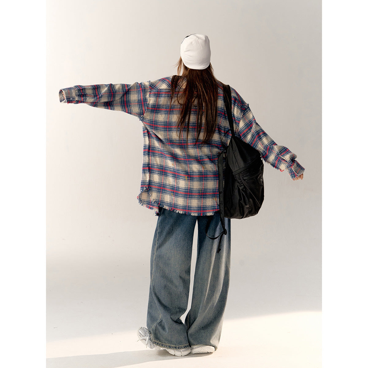 AsGony Retro Raw Edge Distressed Plaid Shirts Blue