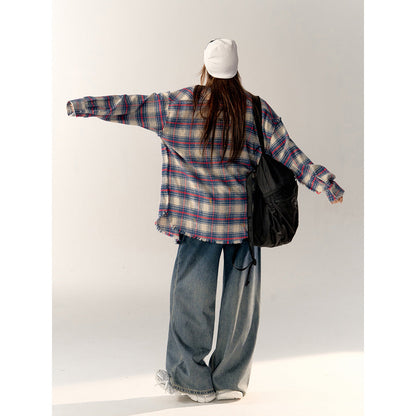 AsGony Retro Raw Edge Distressed Plaid Shirts Blue