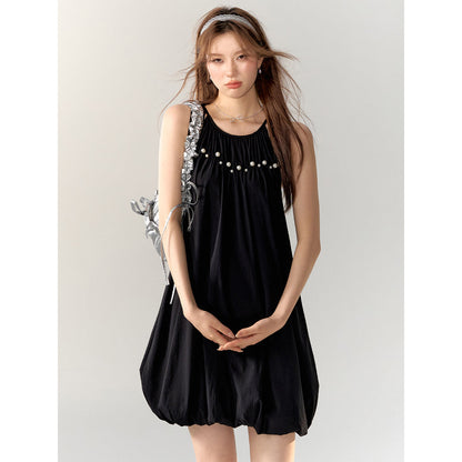 AsGony Pearl Bud Slip Puffy Dress Black