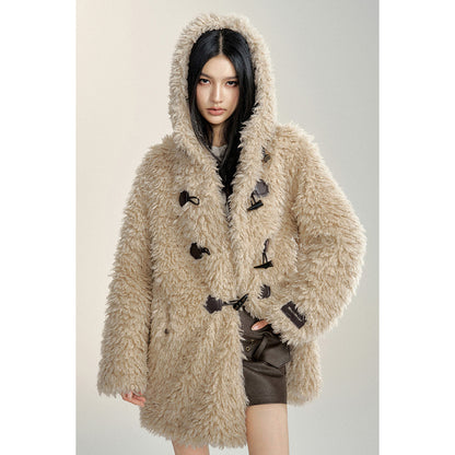 MacyMccoy Plush Hooded Loose Long Jacket Khaki