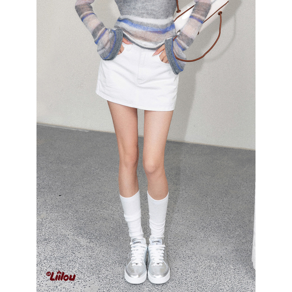 Liilou Retro Washed Denim Short Skirt White