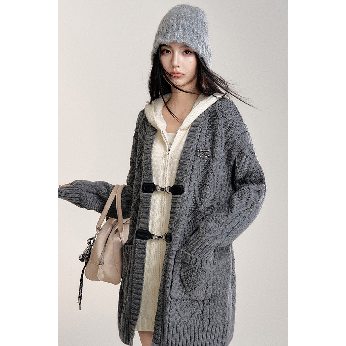 MacyMccoy Fake-2-Piece Hooded Silhouette Knit Cardigan Gray