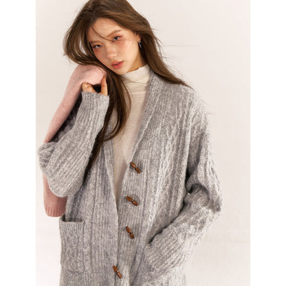 AsGony Blended Woolen Twist Lapel Knit Cardigan Gray