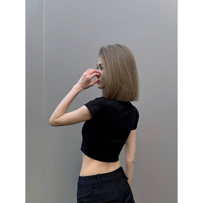 Weird Market Metal Logo Hollow-Out Knit Crop Top Black