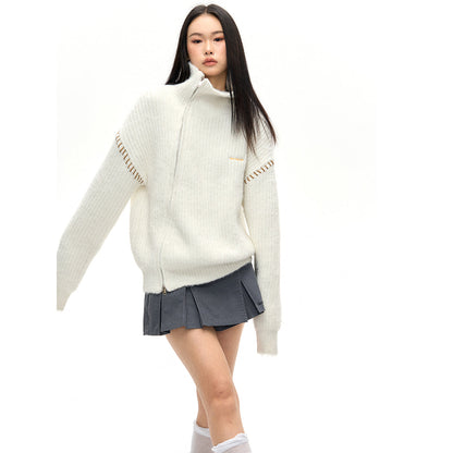 NotAwear Color Blocked Drawstring Zipper Knit Sweater White