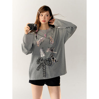 AsGony 3D Bow Knot Cartoon Casual L/S T-Shirt Gray