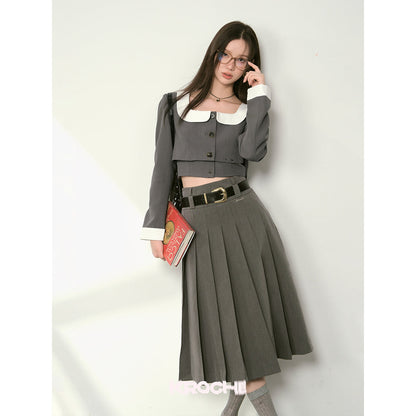 Kroche Double Waistline Pleated Long Skirt Grey