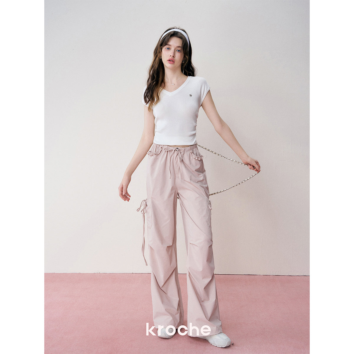 Kroche Lace Patchwork Bow Lace Up Cargo Pants Pink