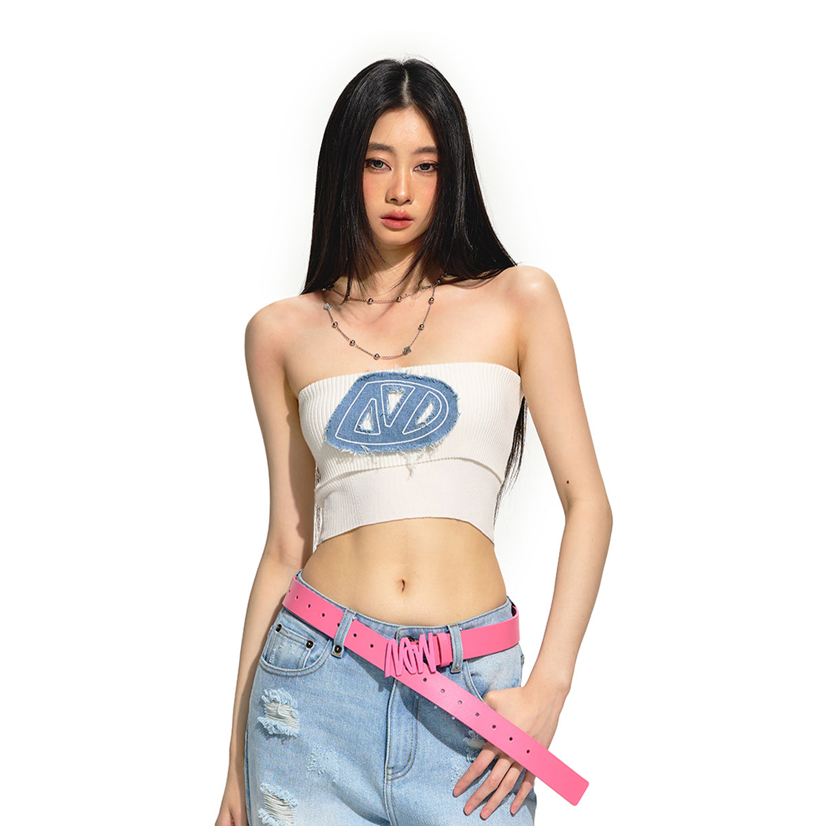 NAWS Embroidered Denim Logo Knit Tube Top Vest White