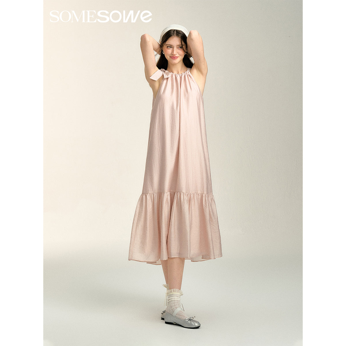 SomeSowe Bow Lace Up Halter Long Dress Pink