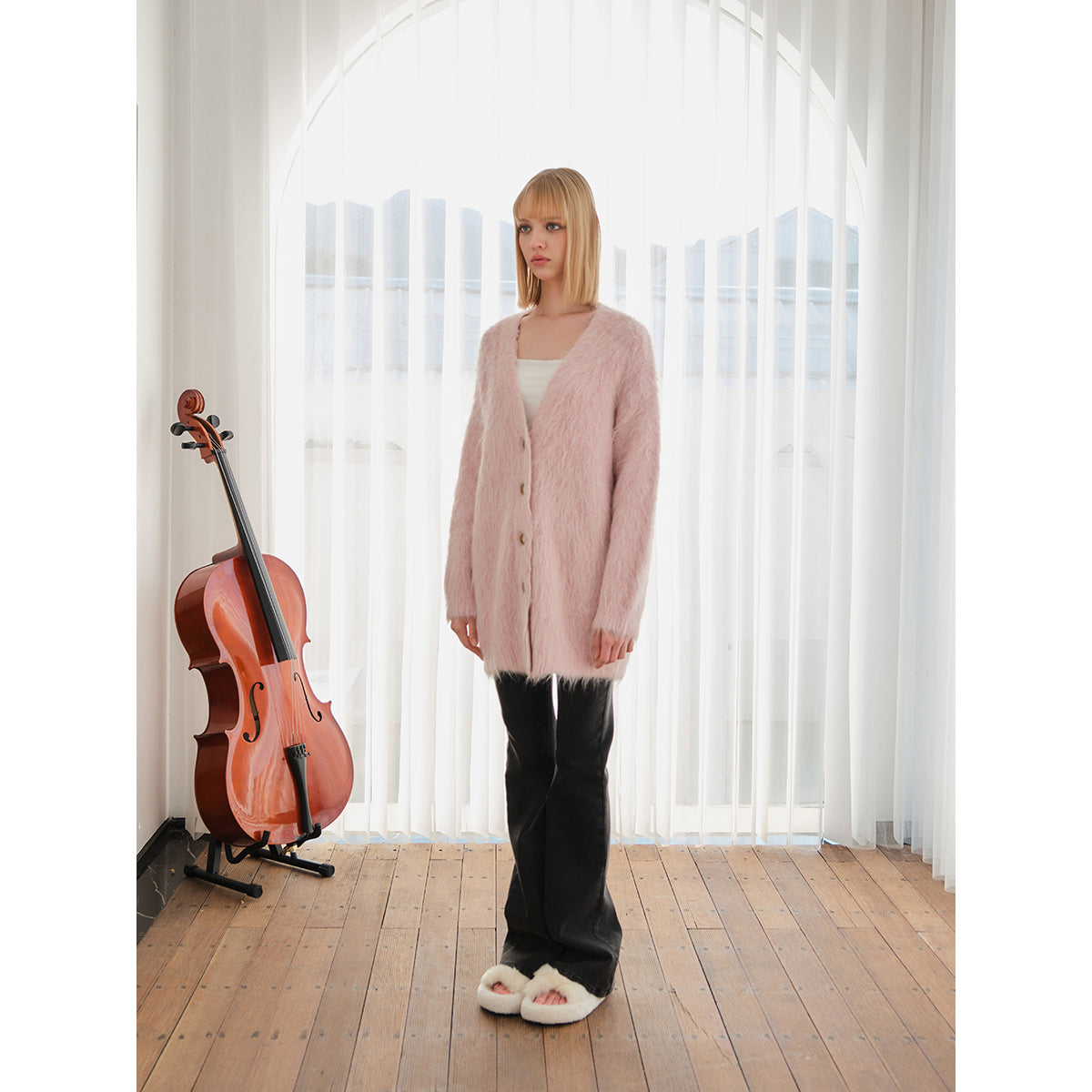 Three Quarters Alpaca Oversized Cardigan Pink