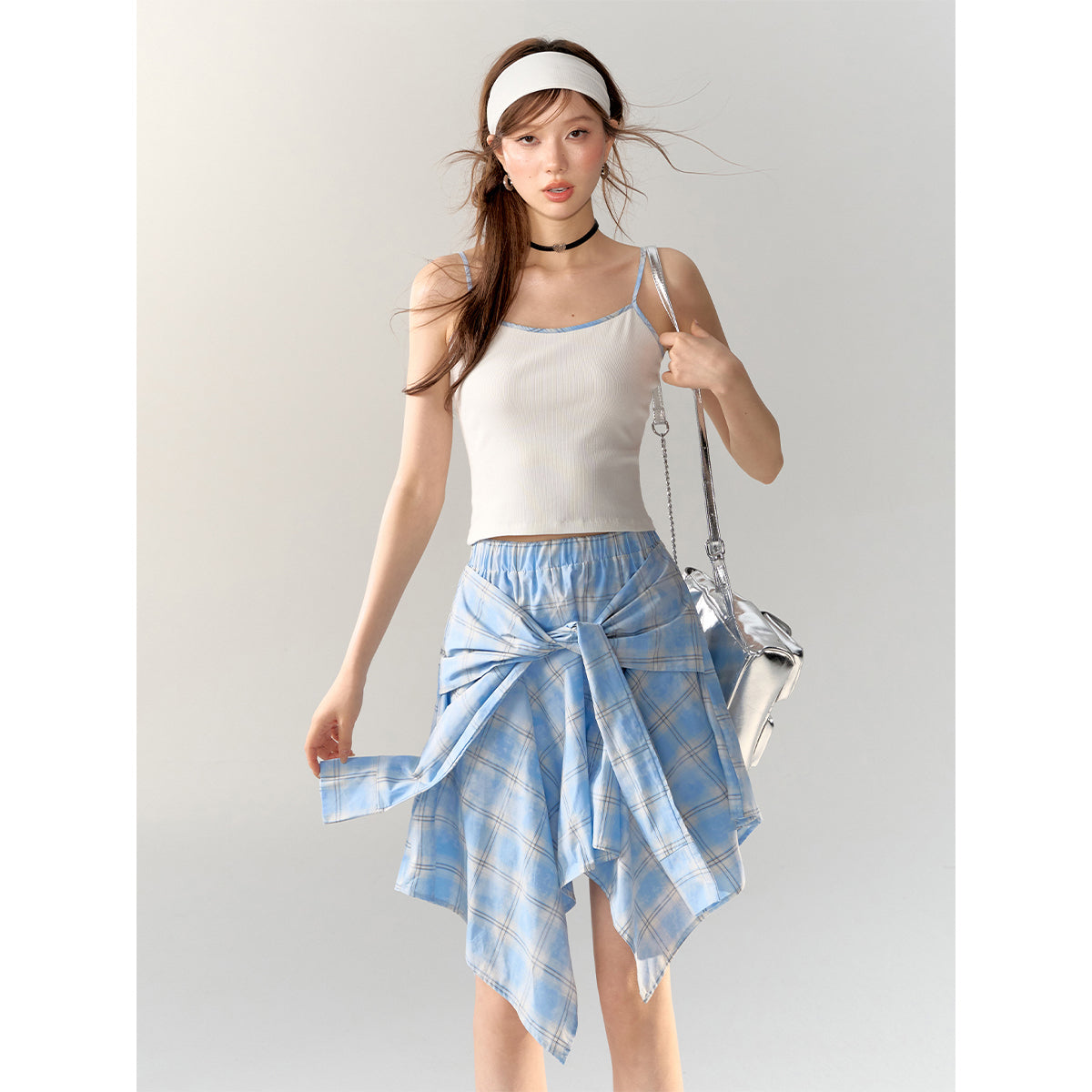 AsGony Irregular Bow Tie Plaid Skirt Blue