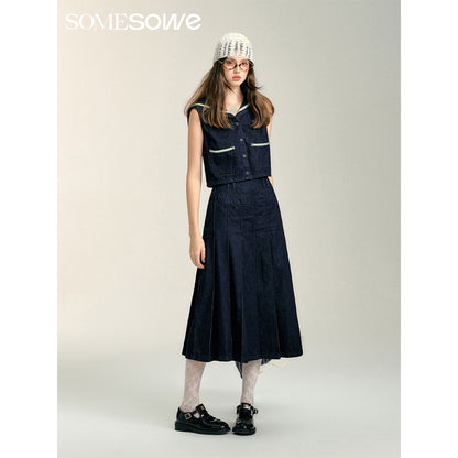 SomeSowe Pleated Denim Long Skirt Navy Blue