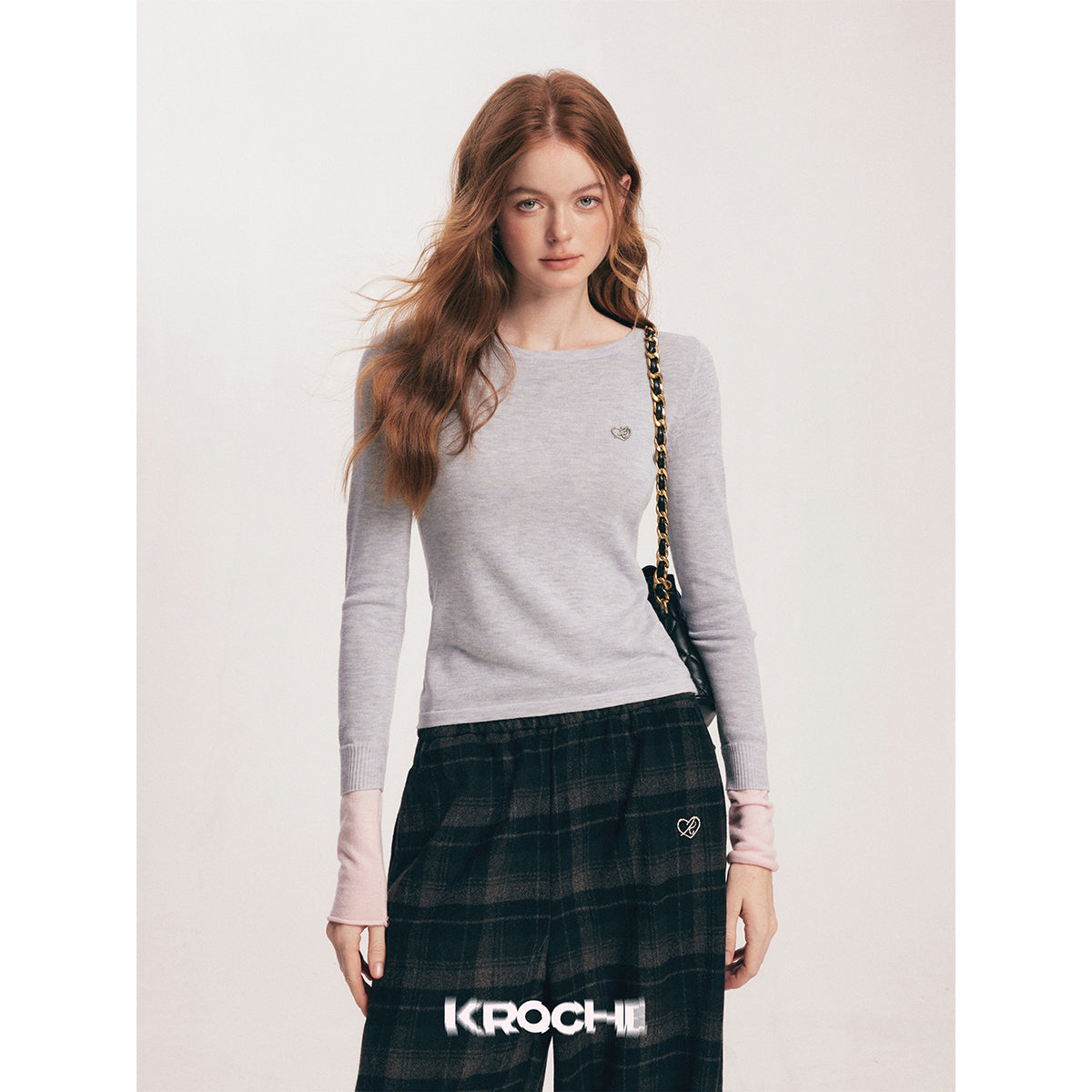 Kroche Color Blocked Cuff Woolen Knit Top Grey