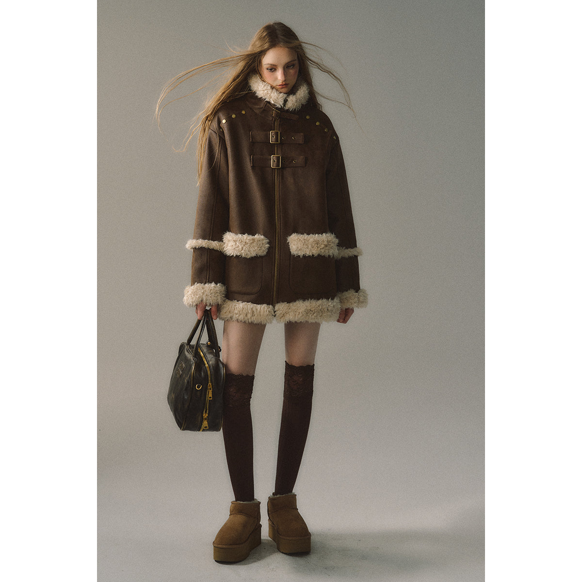 Via Pitti Fluffy Patchwork Reversible Suede Jacket Brown