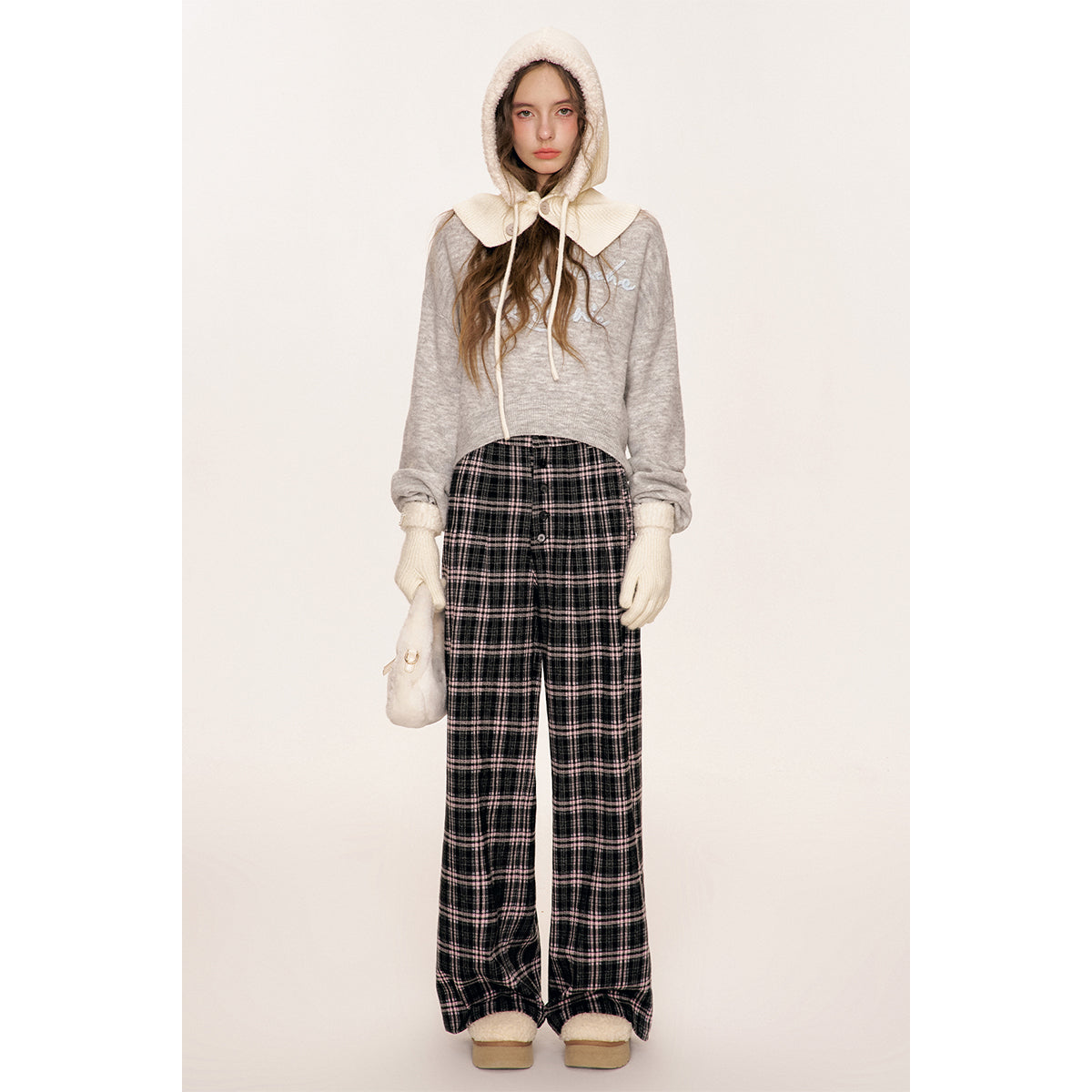 Kroche Plaid Long Breasted Wide-Leg Tweed Pants