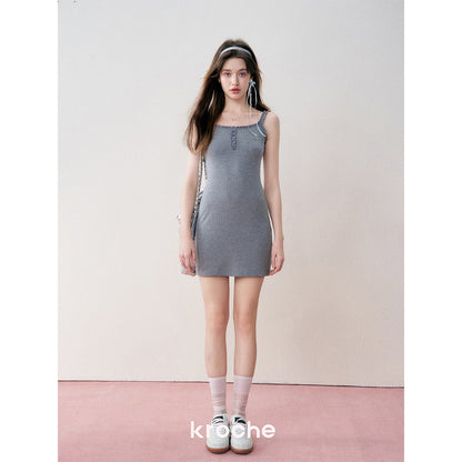 Kroche Lace Knit Sling Short Dress Gray