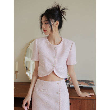 Three Quarters Woolen Tweed Irregular Cutting Jacket Pink