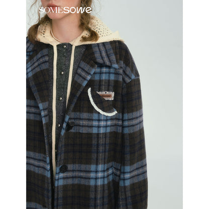 SomeSowe Contrast Color Plaid Tweed Long Coat