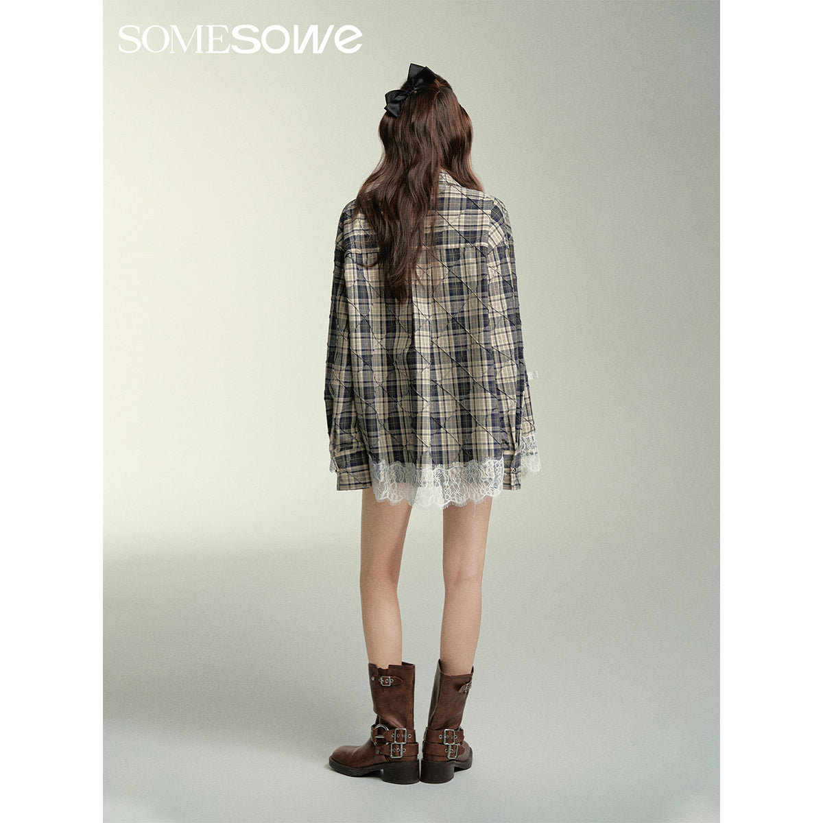 SomeSowe Patched Lace Textured Plaid Shirt