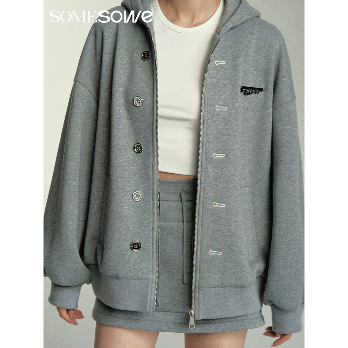 SomeSowe Button-Up Hooded Top Jacket Grey