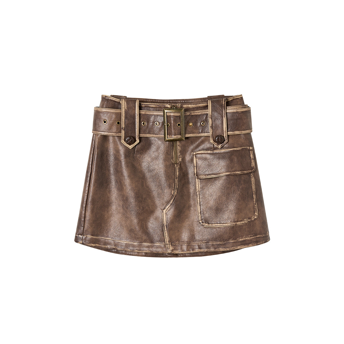 Via Pitti Distressed Heavy Washed Leather Skirt Brown