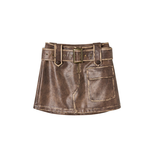 Via Pitti Distressed Heavy Washed Leather Skirt Brown