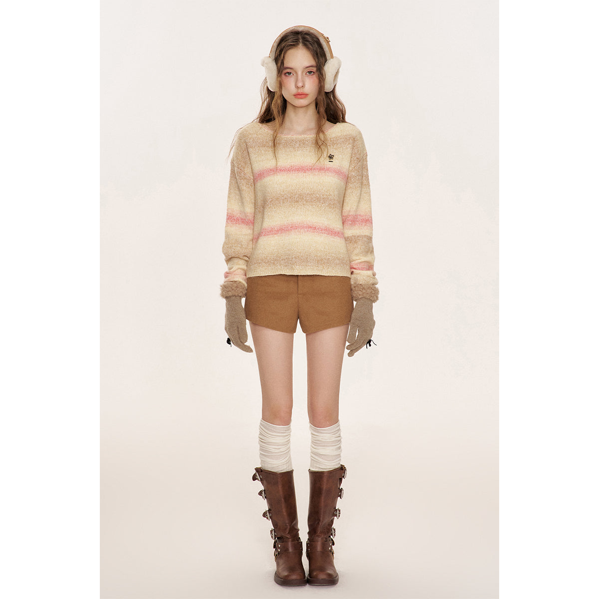 Kroche High Waist Woolen Tweed Shorts Brown