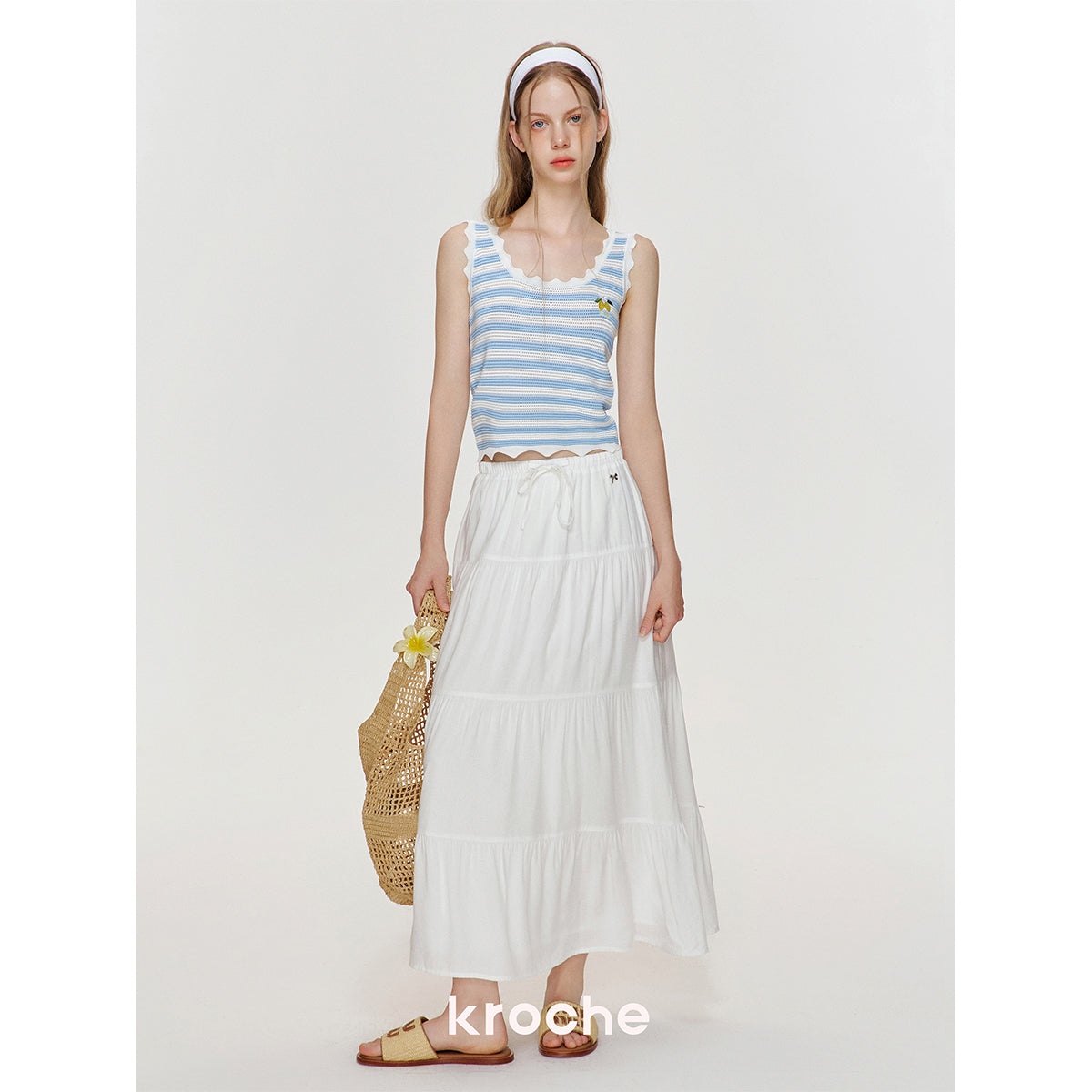 Kroche Hollow Out Striped Embroidered Knit Vest Blue