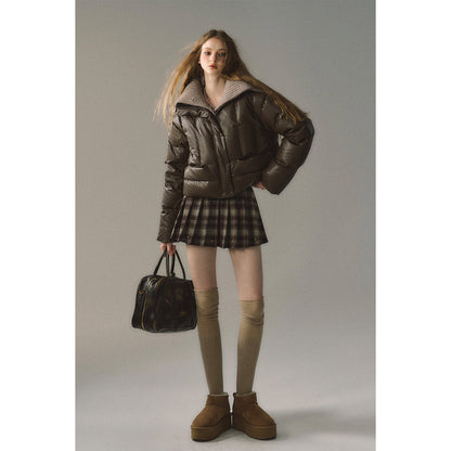 Via Pitti Rivet Suede Leather Patchwork Pleated Plaid Skirt Brown