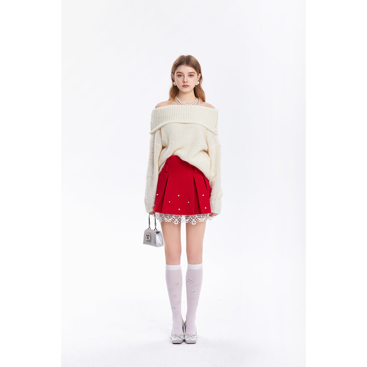 Three Quarters Woolen Off-Shoulder Sweater Cream