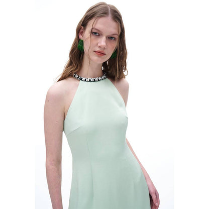 Diana Vevina Sleeveless Rhinestone Halter Dress Green