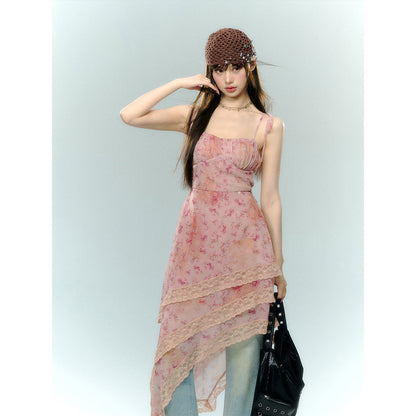 AsGony Irregular Lace Patchwork Floral Slip Dress