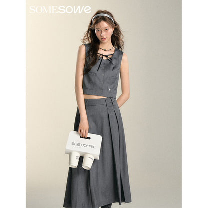 SomeSowe Asymmetrical Pleated Long Skirt Grey