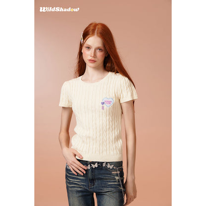 Wildshadow Heart Embroidery Twisted Knit Top Cream