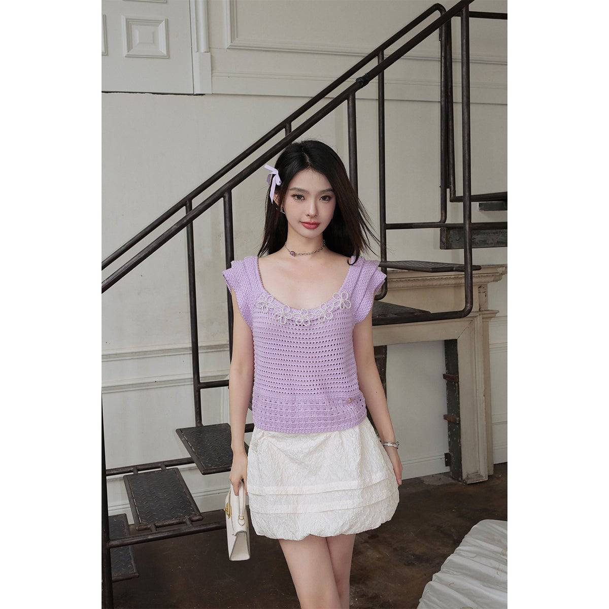 Diana Vevina Beaded Flower Hollow Knit Top Purple